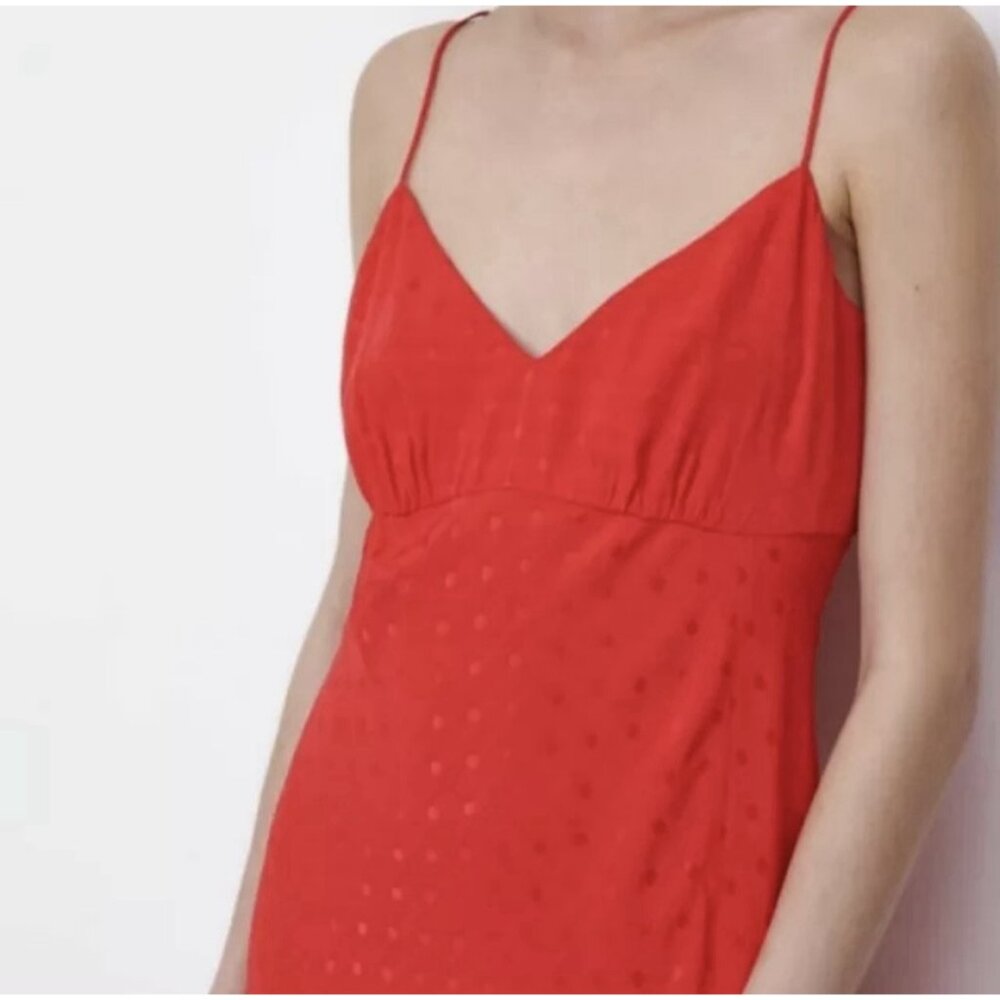ZARA Women Red Jacquard Dotted Slip Dress Ruffle Medium Size Holiday Christmas - Picture 3 of 16